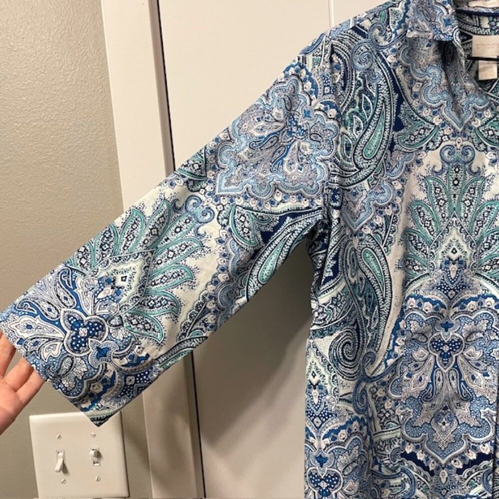 Chico's Gabrielle Paisley No-Iron Button Down Cotton Shirt Blue Green Medium - Picture 8 of 16